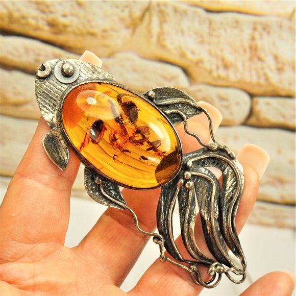 HUGE AMBER STERLING FISH PENDANT WITH OMEGA WIRE NECKLACE, SUPER RARE JEWELRY - Picture 8 of 10